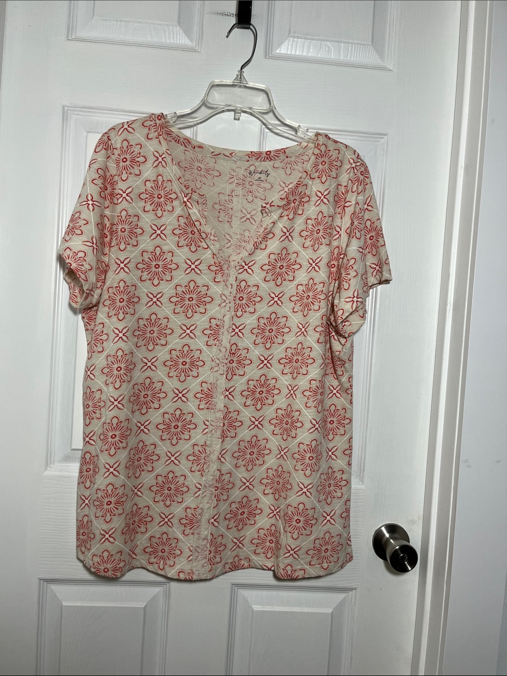 Wonderly Cream Short Sleeve Split V-Neck Top with Red Floral Tile Print